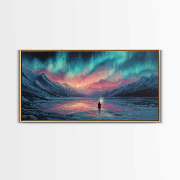 Northern Lights Over Mountain Lake Canvas Print, Aurora Wall Art, Peaceful Landscape For Cabin Decor And Above Bed Wall Decor