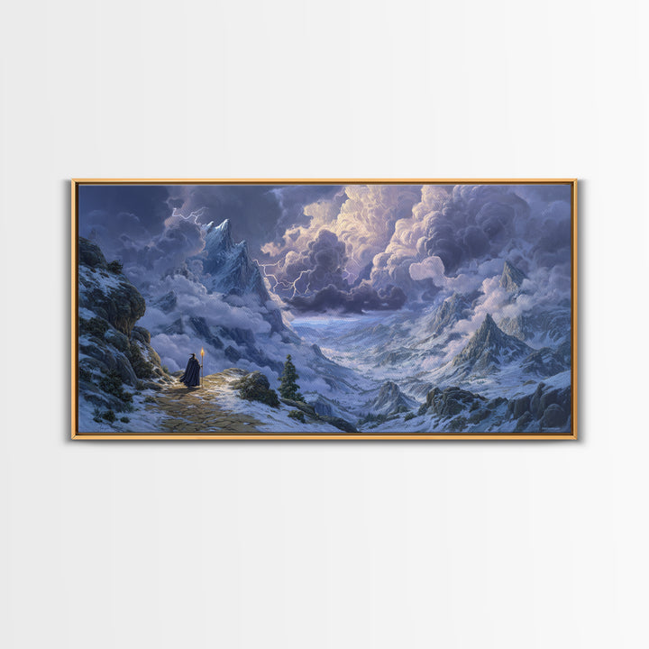 Snowy Mountain Wizard Wall Art, Epic Fantasy Canvas Print, Dungeons And Dragons Decor, Winter Landscape, Gamer Gift, Gift For Him