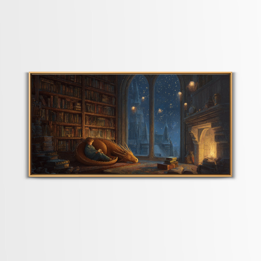 Sleeping Dragon In Cozy Library Wall Art, Fantasy Book Nook Canvas Print, Dark Academia Decor, Gift For Book Lover And Reader