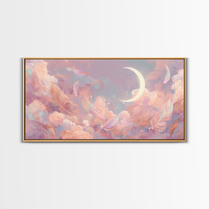 Crescent Moon And Pastel Feather Clouds Canvas Print, Celestial Wall Art, Soft Pink Nursery Decor, Dreamy Bedroom Decor, Gift