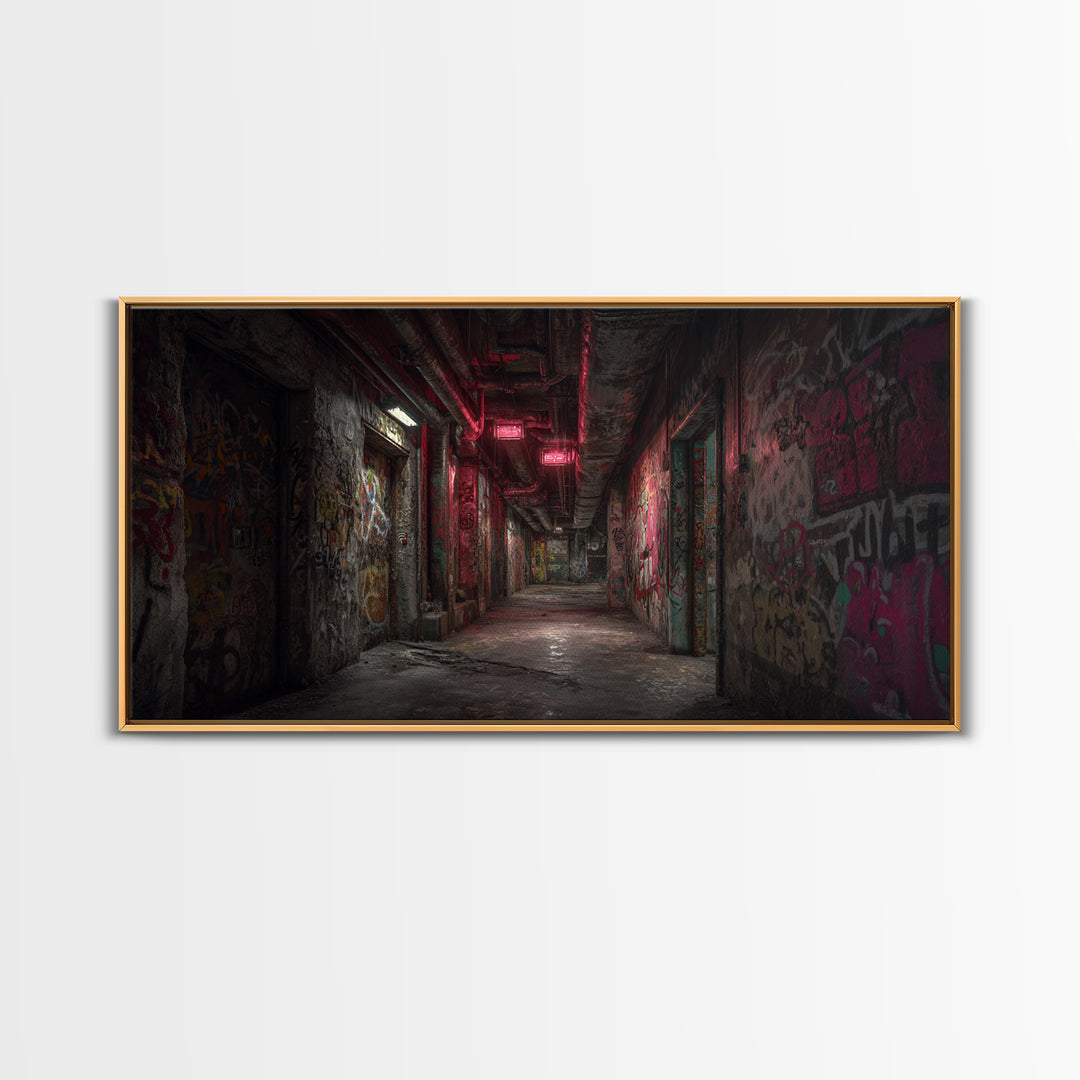 Abandoned Graffiti Corridor With Red Neon Wall Art, Urban Street Art, Industrial Decor, Grunge Poster, Office Wall Decor