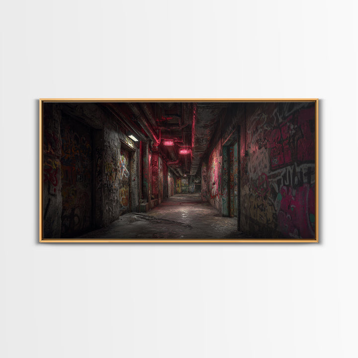 Abandoned Graffiti Corridor With Red Neon Wall Art, Urban Street Art, Industrial Decor, Grunge Poster, Office Wall Decor