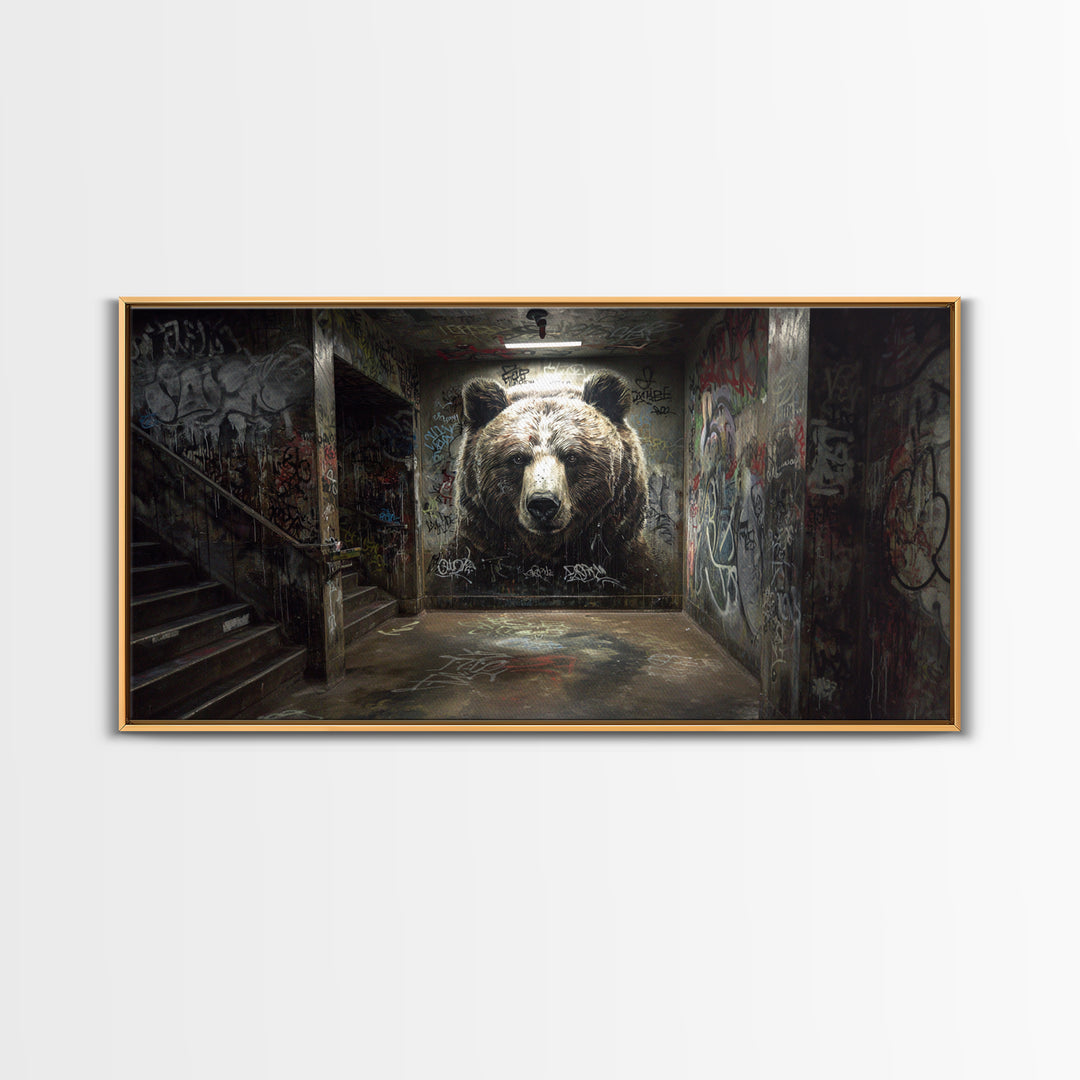 Giant Bear Graffiti Tunnel Wall Art, Urban Street Art Print, Edgy Industrial Decor, Modern Office Poster, Wildlife Mural