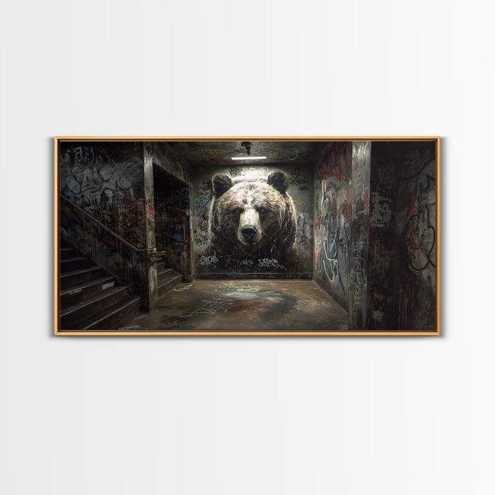Giant Bear Graffiti Tunnel Wall Art, Urban Street Art Print, Edgy Industrial Decor, Modern Office Poster, Wildlife Mural