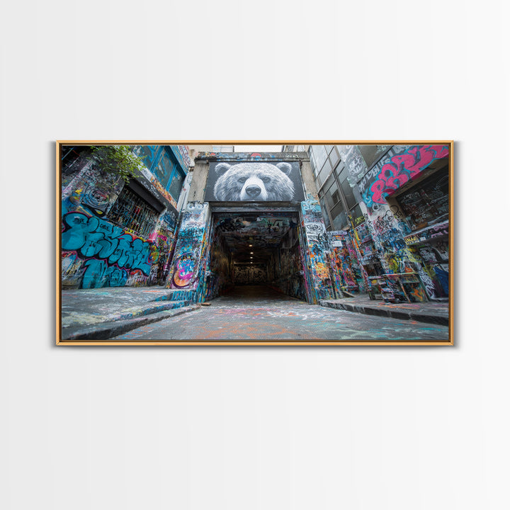 Graffiti Alley Bear Mural Wall Art, Urban Street Art Canvas Print, Bold Modern Decor For Loft, Office, Man Cave, Apartment Wall Decor