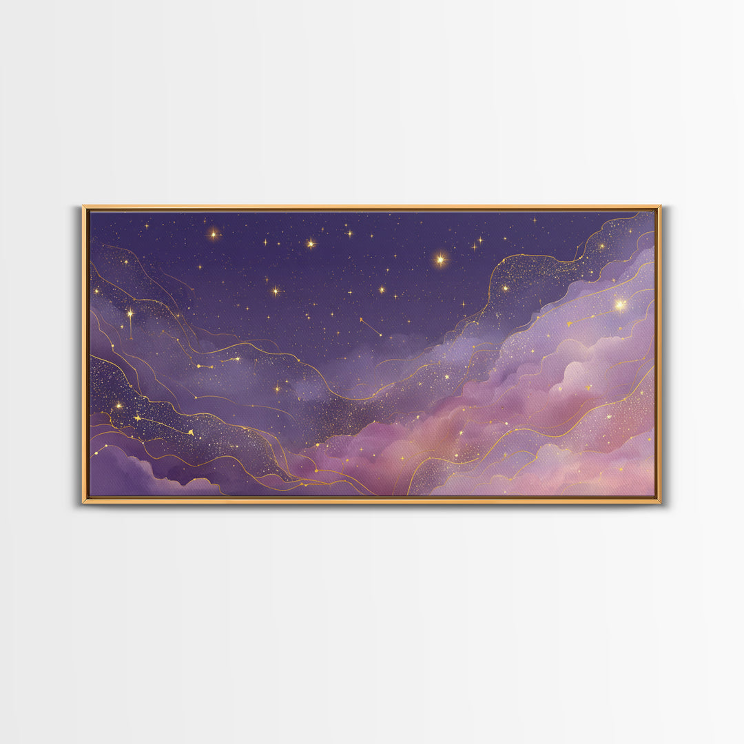 Purple Starry Sky With Gold Constellations Wall Art, Celestial Canvas Print, Mystical Bedroom Decor, Astrology Gift For Her