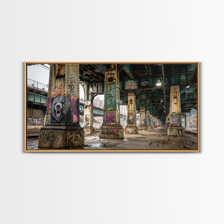 Graffiti Bear Underpass Wall Art, Urban Street Art Canvas Print, Industrial Decor, Man Cave Poster, Modern Wall Decor Print