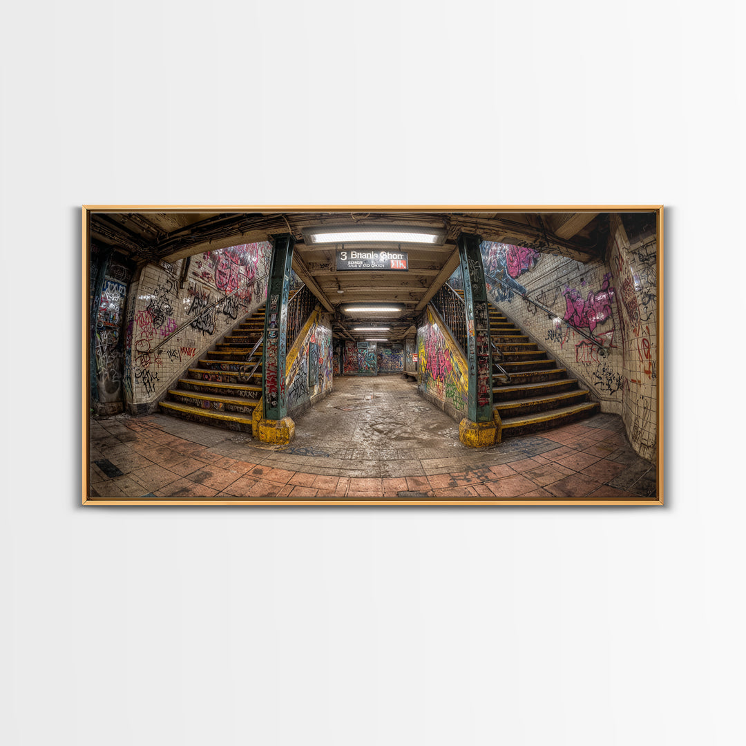 Graffiti Subway Stairwell Framed Canvas Print, Urban Street Art Wall Decor, Gritty Industrial Office Wall Art For Living Room