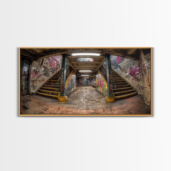 Graffiti Subway Stairwell Framed Canvas Print, Urban Street Art Wall Decor, Gritty Industrial Office Wall Art For Living Room