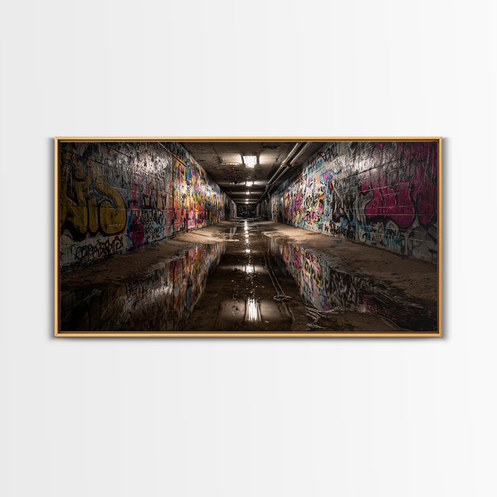 Graffiti Tunnel With Reflective Puddle Wall Art, Urban Street Art Canvas Print, Industrial Decor, Modern Office Wall Decor