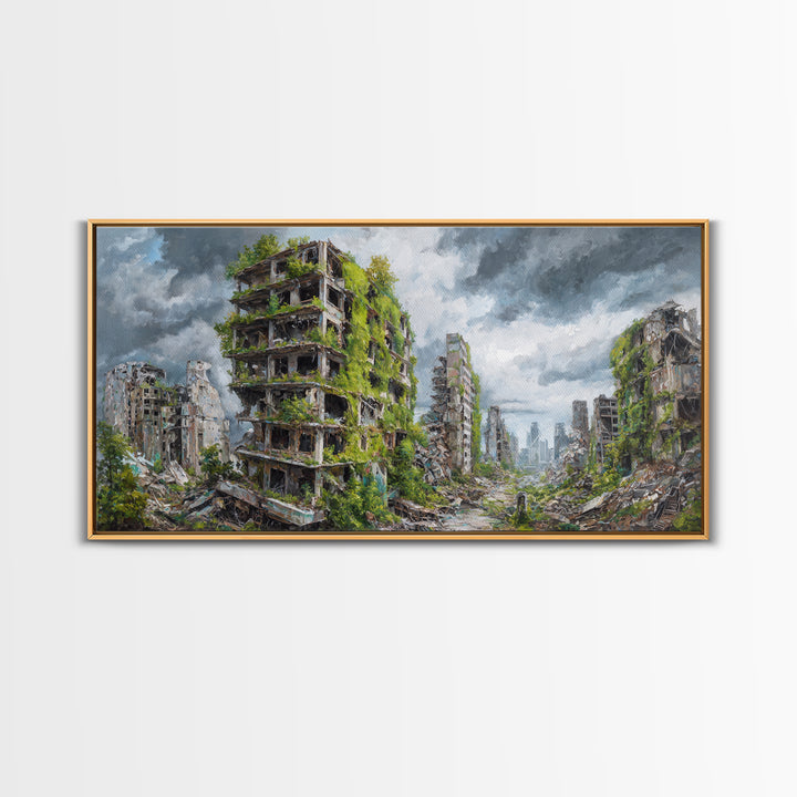 Overgrown Ruined Cityscape Wall Art, Post Apocalyptic Landscape Canvas Print, Urban Nature Decor For Modern Home And Office