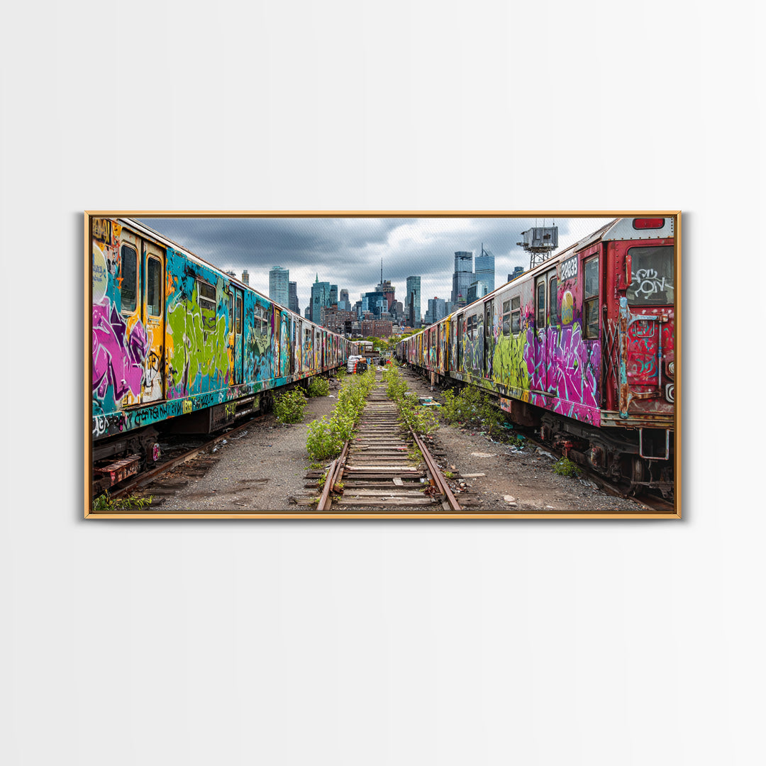 Graffiti Train Yard With City Skyline Wall Art, Urban Street Art Canvas Print, Colorful Industrial Decor, Modern Loft Gift