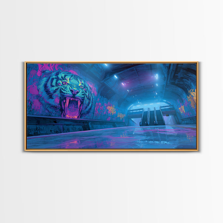 Neon Tiger Subway Canvas Print, Cyberpunk Graffiti Wall Art, Futuristic Blue Pink Gaming Room Decor, Bold Urban Gift For Him