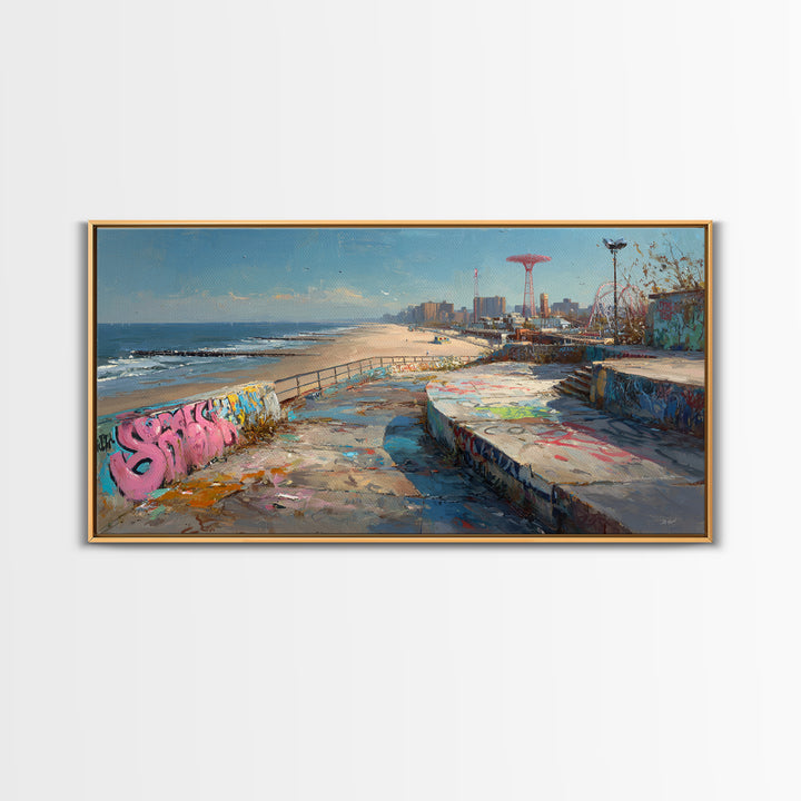 Graffiti Beach Boardwalk Seascape Wall Art, Coney Island Style Travel Poster, Urban Coastal Decor, Ocean City Print, Summer Beach Art