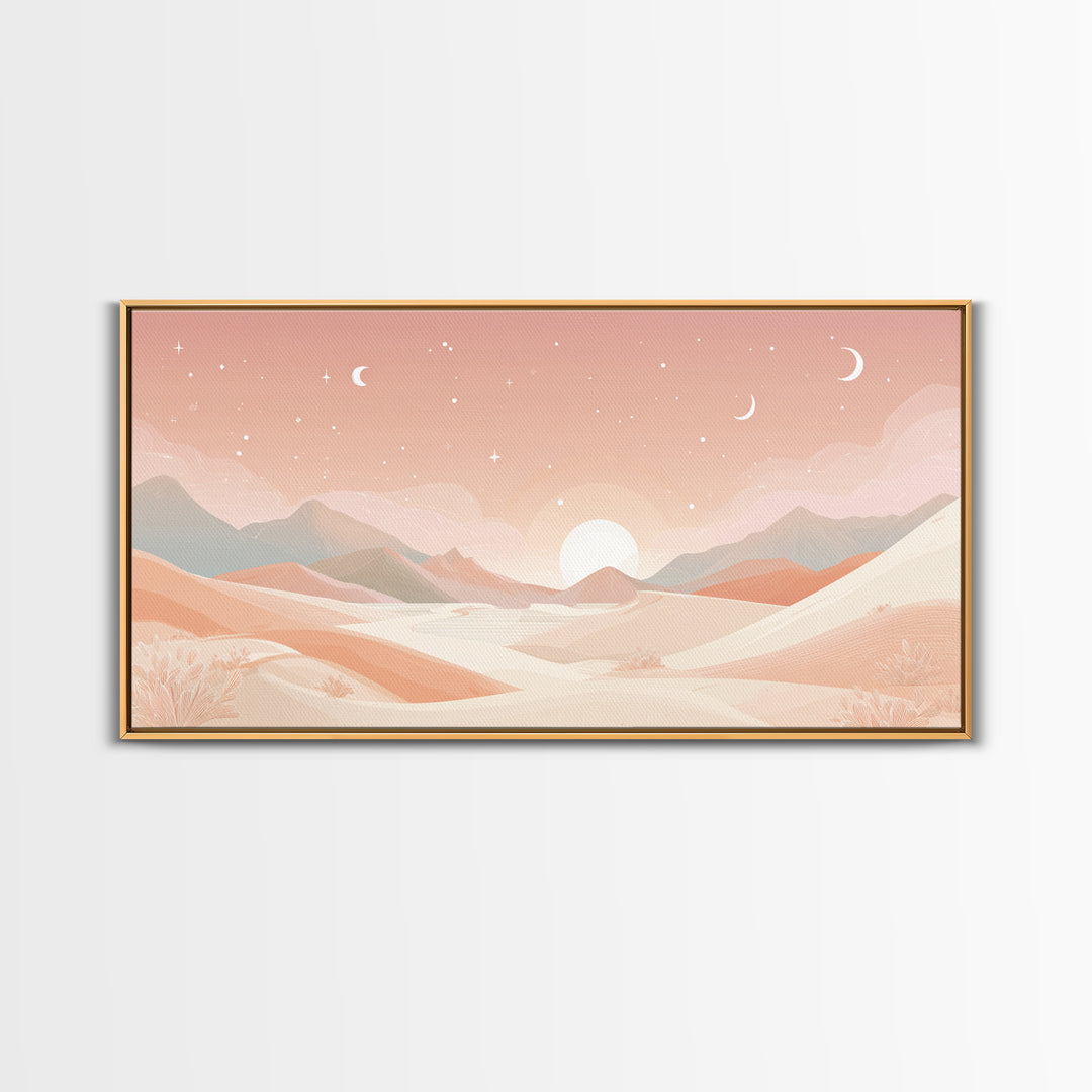 Pastel Desert Sunrise Landscape Canvas Print, Minimalist Mountain Wall Art, Boho Neutral Home Decor For Bedroom And Living Room