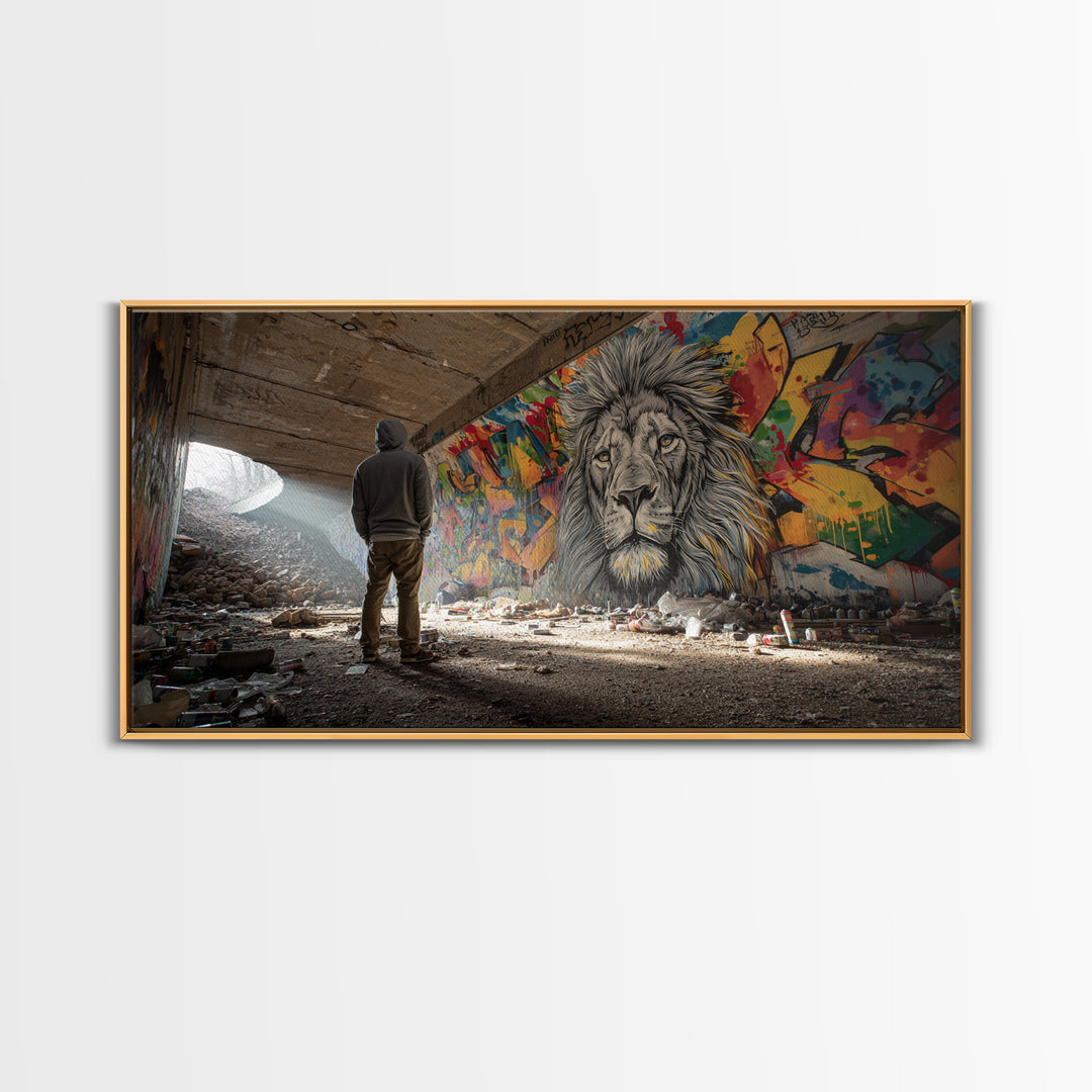 Hooded Figure Before Graffiti Lion Wall Art, Urban Street Art Canvas Print, Bold Industrial Decor, Gift For Him, Modern Home Decor