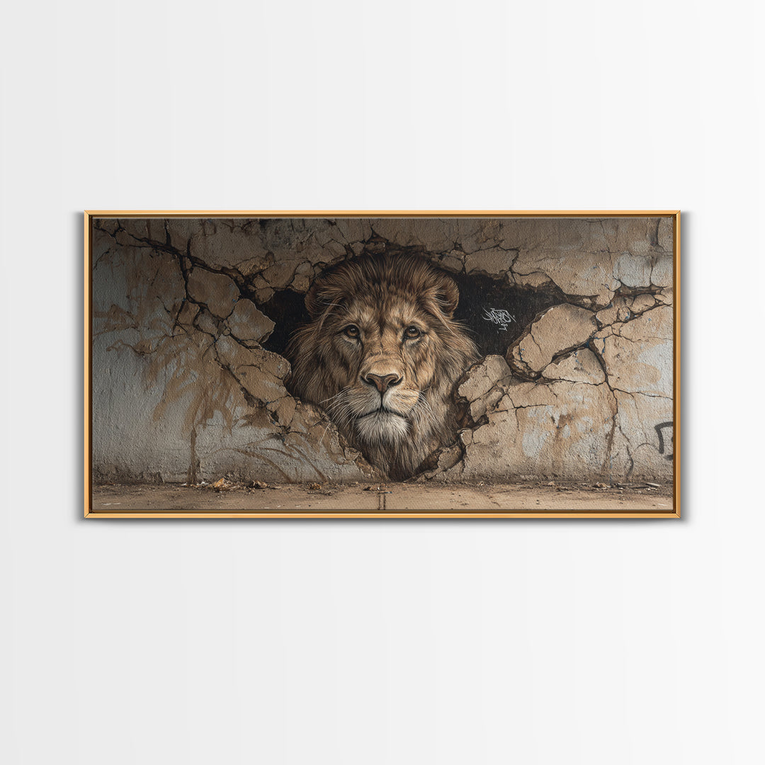 Cracked Wall Lion Mural Wall Art, Wildlife Graffiti Canvas Print, Big Cat Street Art, Urban Decor For Modern Living Room