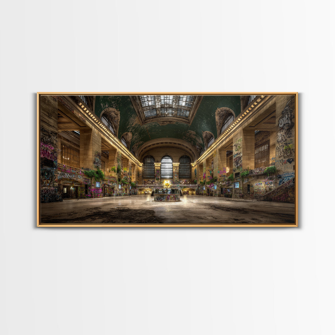 Overgrown Grand Train Station Wall Art, Abandoned Urban Canvas Print, Graffiti Decor, Architecture Poster, Eclectic Wall Decor