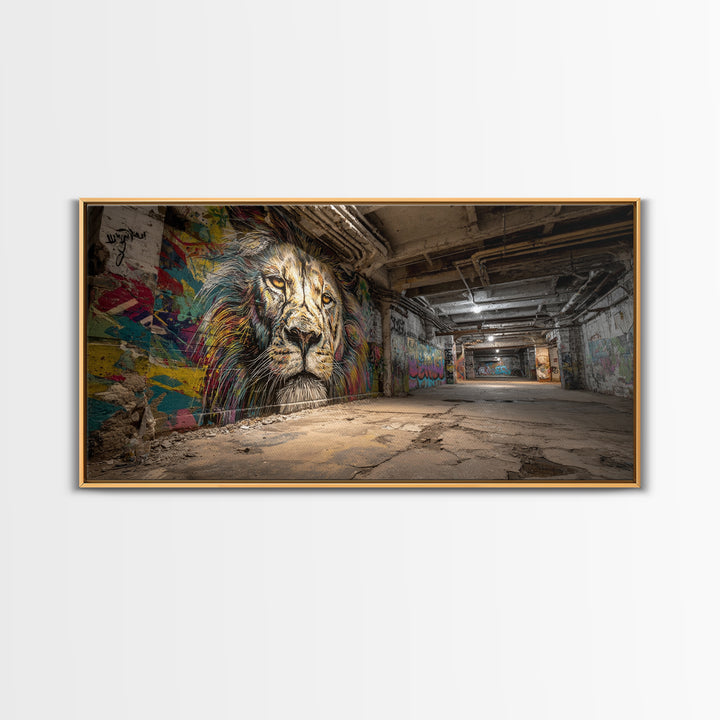 Underground Lion Graffiti Wall Art, Urban Street Art Canvas Print, Industrial Decor, Bold Wildlife Mural For Loft Office
