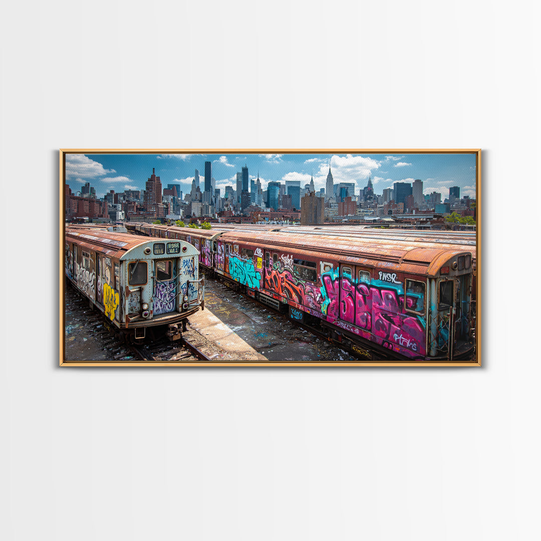 Graffiti Subway Trains With New York Skyline Wall Art, Urban Street Art Canvas Print, NYC Decor, Industrial Office Poster