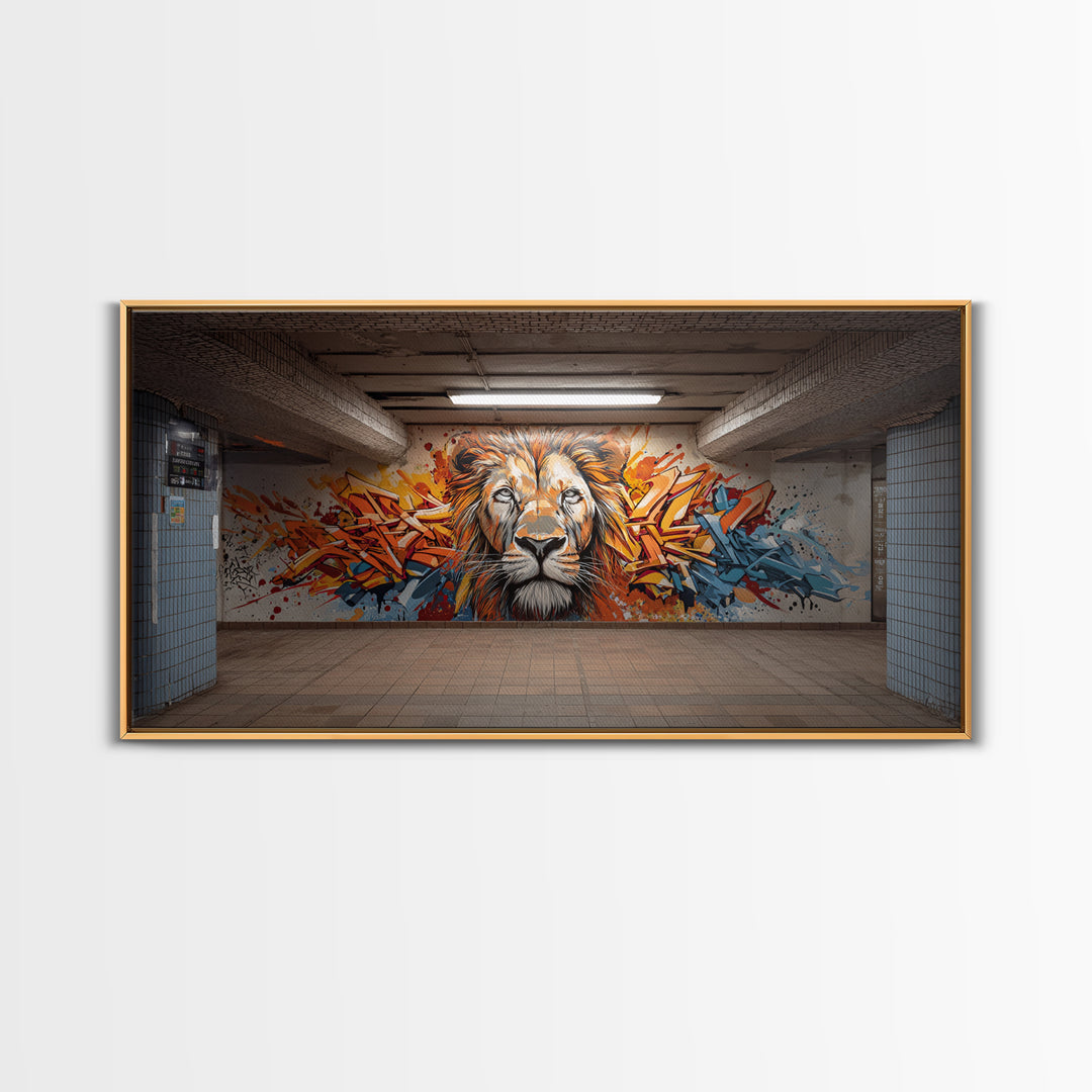 Colorful Graffiti Lion Subway Wall Art, Urban Street Art Canvas Print, Bold Modern Decor, Industrial Loft Statement Art Print