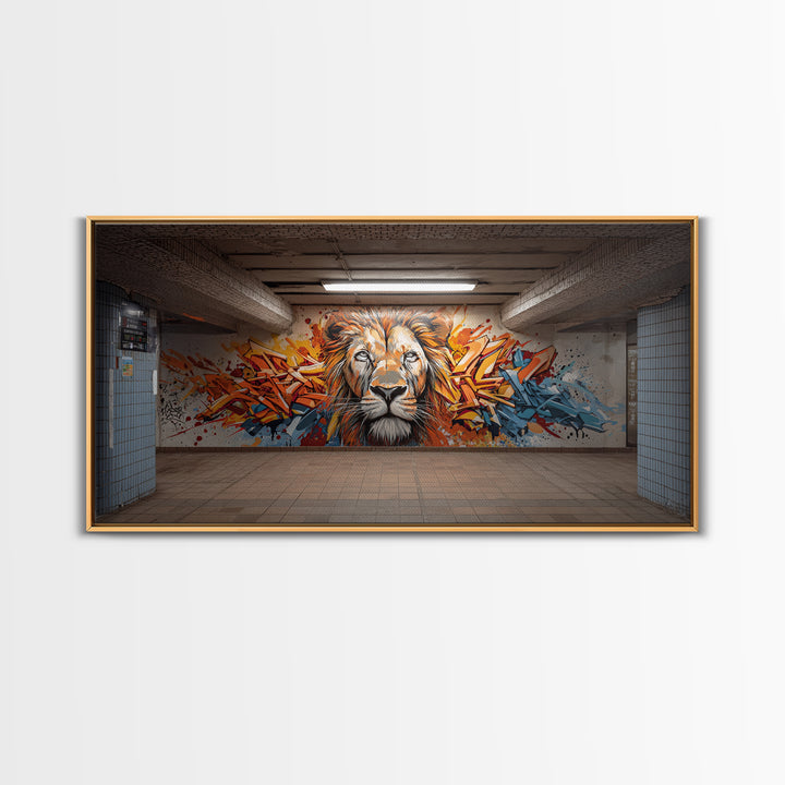 Colorful Graffiti Lion Subway Wall Art, Urban Street Art Canvas Print, Bold Modern Decor, Industrial Loft Statement Art Print