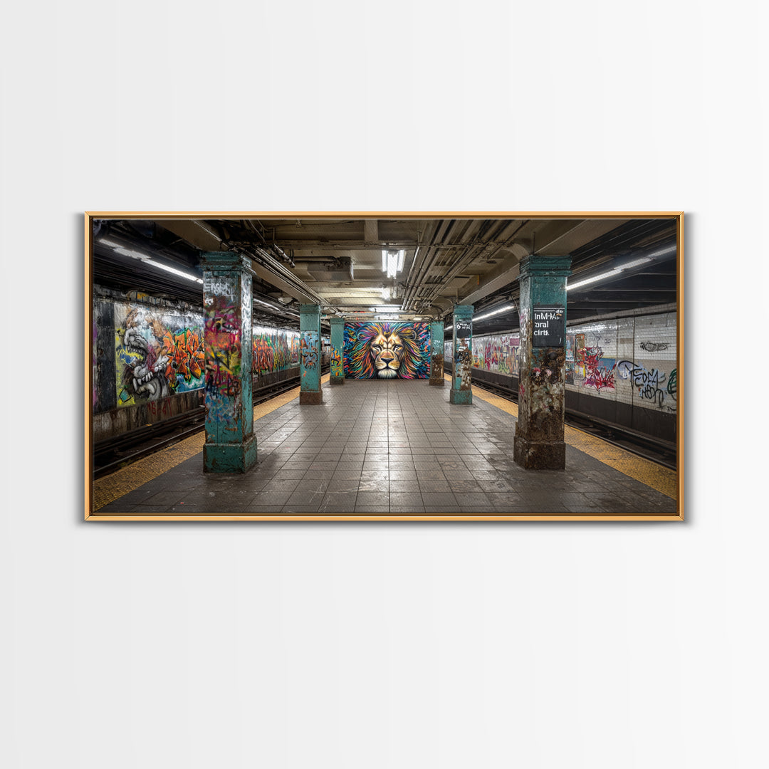 Graffiti Subway Platform With Lion Mural Wall Art, Urban Street Art Canvas Print, Pop Art Decor, Modern Office Wall Decor