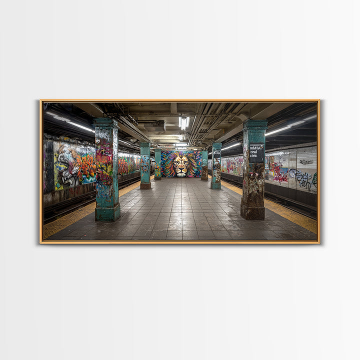 Graffiti Subway Platform With Lion Mural Wall Art, Urban Street Art Canvas Print, Pop Art Decor, Modern Office Wall Decor