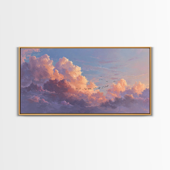 Dramatic Pastel Cloudscape With Birds Canvas Print, Sunset Sky Wall Art, Large Landscape Decor For Living Room, Office Decor