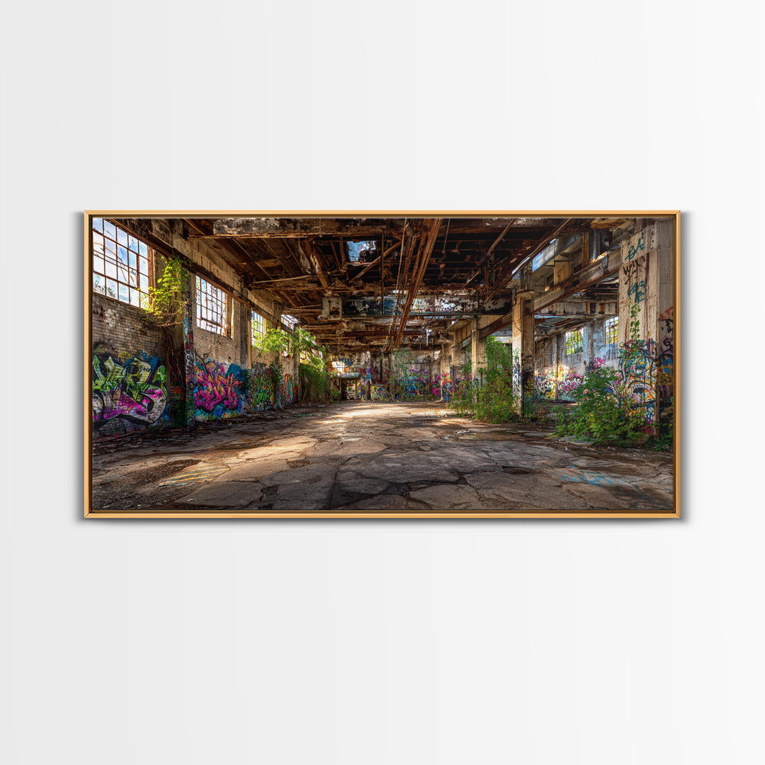 Abandoned Warehouse Graffiti Wall Art, Urban Decay Photography Canvas Print, Industrial Loft Decor, Large Street Art Poster