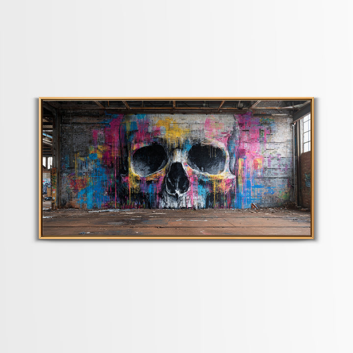 Neon Graffiti Skull Mural In Abandoned Warehouse Wall Art, Street Art Print, Gothic Decor, Edgy Urban Poster, Man Cave Decor