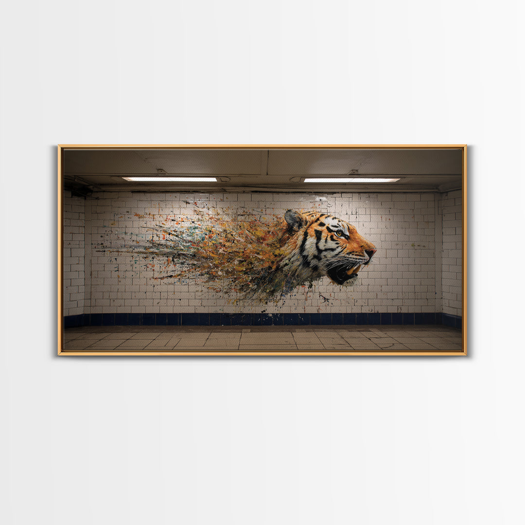 Exploding Tiger Subway Mural Wall Art, Urban Street Art Canvas Print, Bold Animal Decor, Maximalist Gift For Him Modern Loft