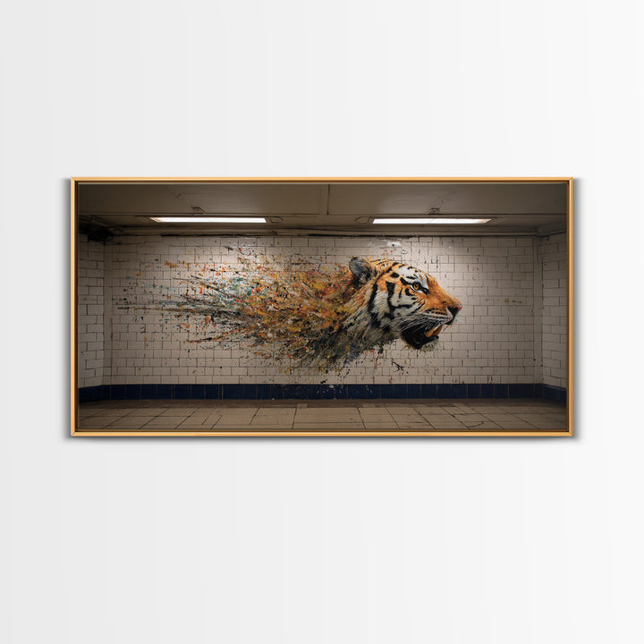 Exploding Tiger Subway Mural Wall Art, Urban Street Art Canvas Print, Bold Animal Decor, Maximalist Gift For Him Modern Loft