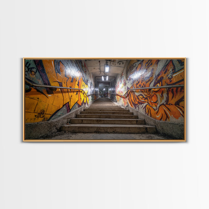 Graffiti Stairway Tunnel Wall Art, Underground Urban Street Art Canvas Print, Gritty Industrial Decor, Colorful Modern Art