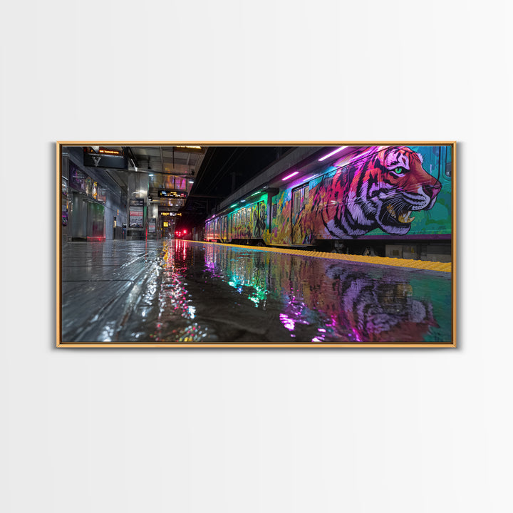 Neon Tiger Train Station Wall Art, Urban Subway Graffiti Canvas Print, Cyberpunk Animal Decor For Modern Living Room Gallery
