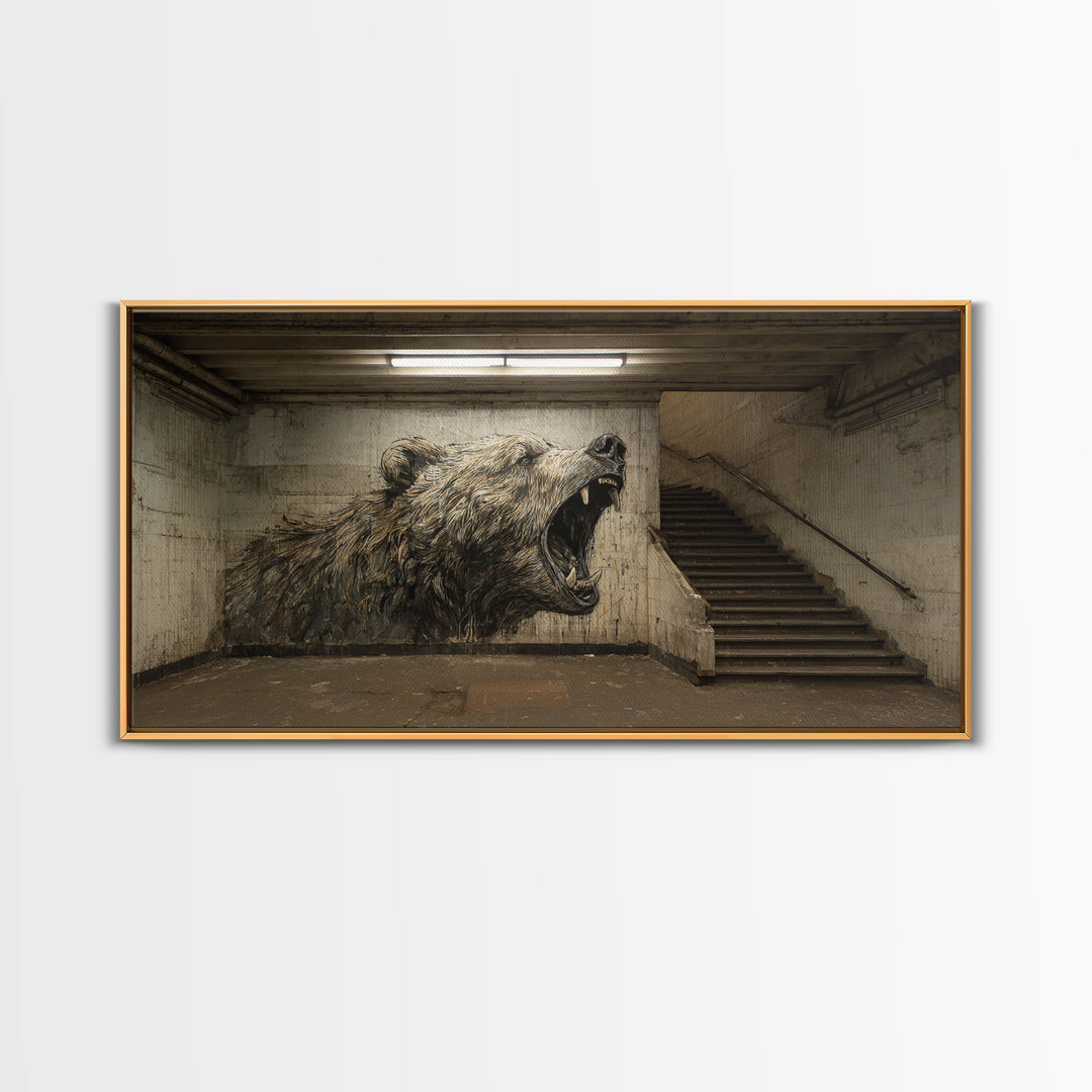 Roaring Bear Urban Subway Wall Art, Black And White Graffiti Canvas Print, Industrial Bathroom Decor, Animal Poster, Gift