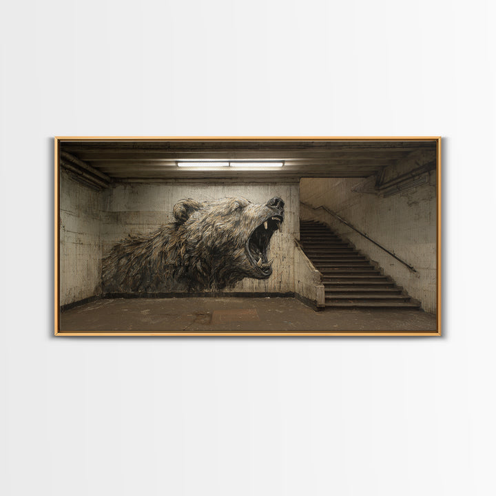 Roaring Bear Urban Subway Wall Art, Black And White Graffiti Canvas Print, Industrial Bathroom Decor, Animal Poster, Gift