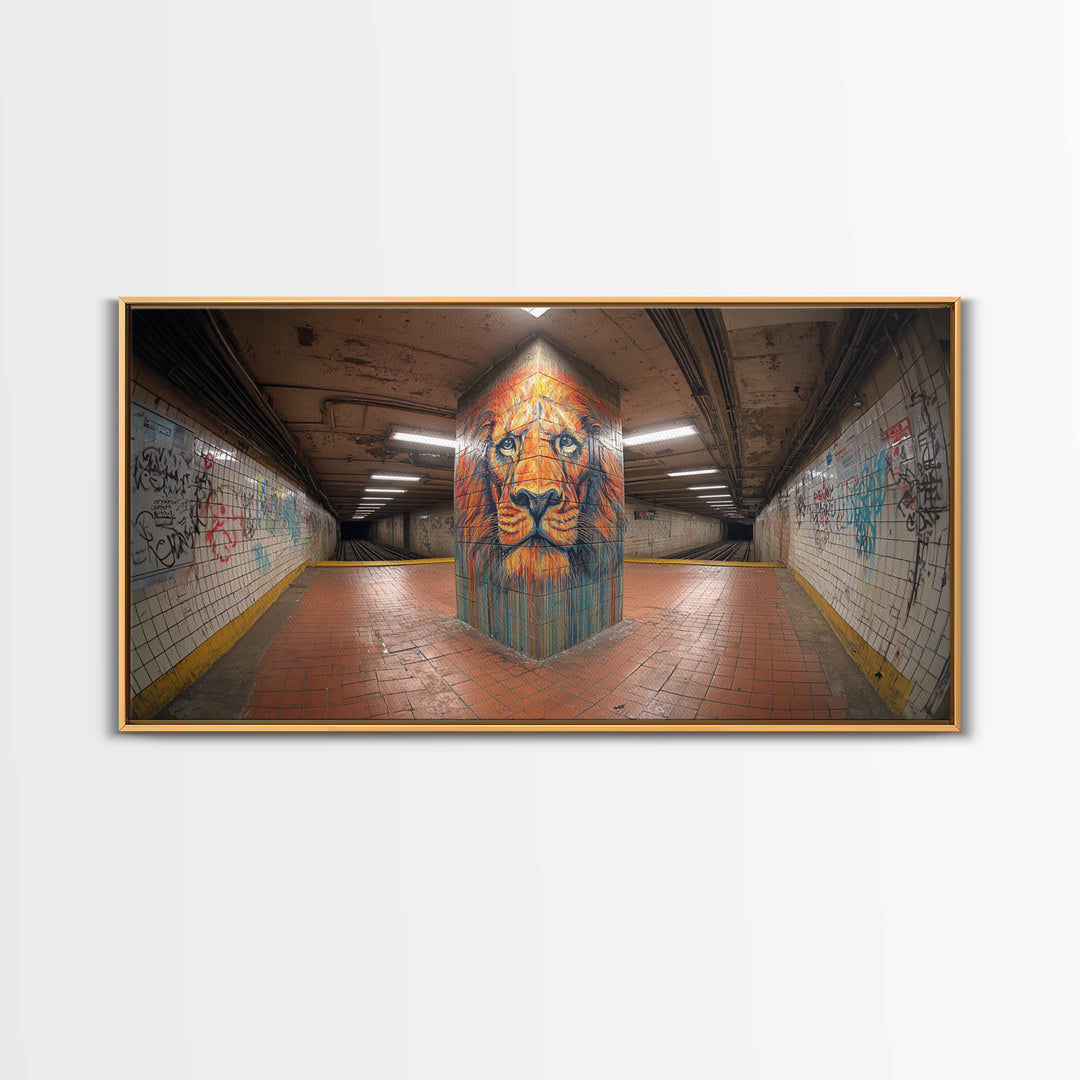 Lion Graffiti Mural In Subway Tunnel Canvas Print, Urban Street Art, Bold Animal Wall Decor, Modern Maximalist Home Decor