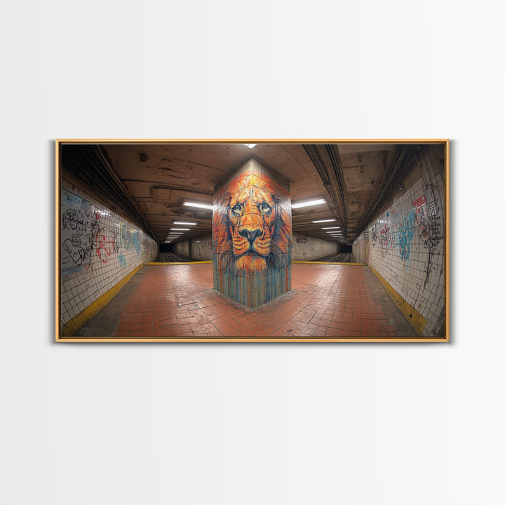 Lion Graffiti Mural In Subway Tunnel Canvas Print, Urban Street Art, Bold Animal Wall Decor, Modern Maximalist Home Decor