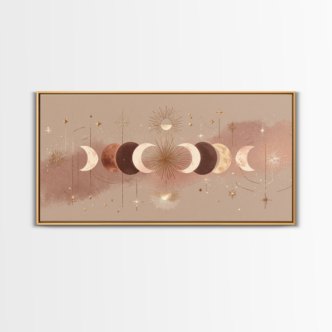 Boho Moon Phases And Radiant Sun Wall Art, Celestial Decor, Mystical Stars Print, Neutral Boho Bedroom Gallery Canvas Print