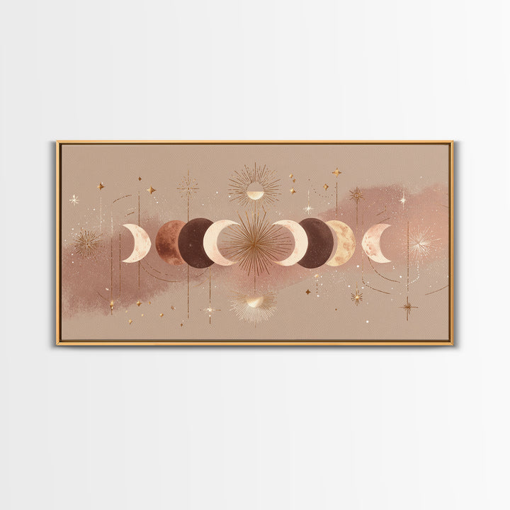 Boho Moon Phases And Radiant Sun Wall Art, Celestial Decor, Mystical Stars Print, Neutral Boho Bedroom Gallery Canvas Print