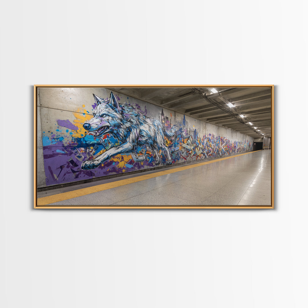 Running Wolf Graffiti Subway Mural Canvas Print, Urban Street Art Wall Art, Colorful Animal Decor, Modern Man Cave Art Gift