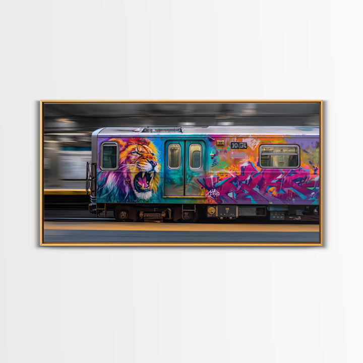 Colorful Lion Graffiti Train Canvas Print, Urban Street Art Wall Art, Dopamine Decor, Bold Pop Art Subway Photography Print