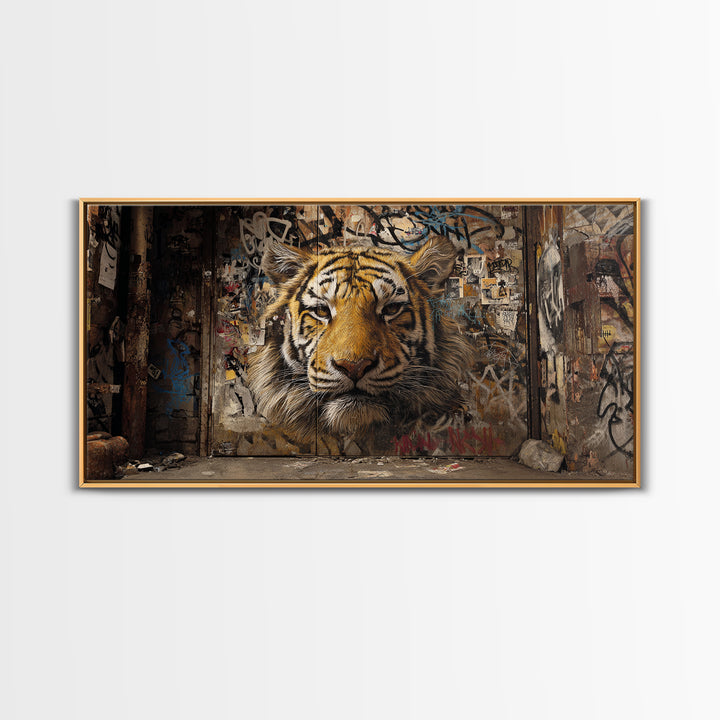 Urban Tiger Mural On Weathered Alley Wall Art, Graffiti Street Art Canvas Print, Big Cat Animal Wall Decor, Modern Home Decor