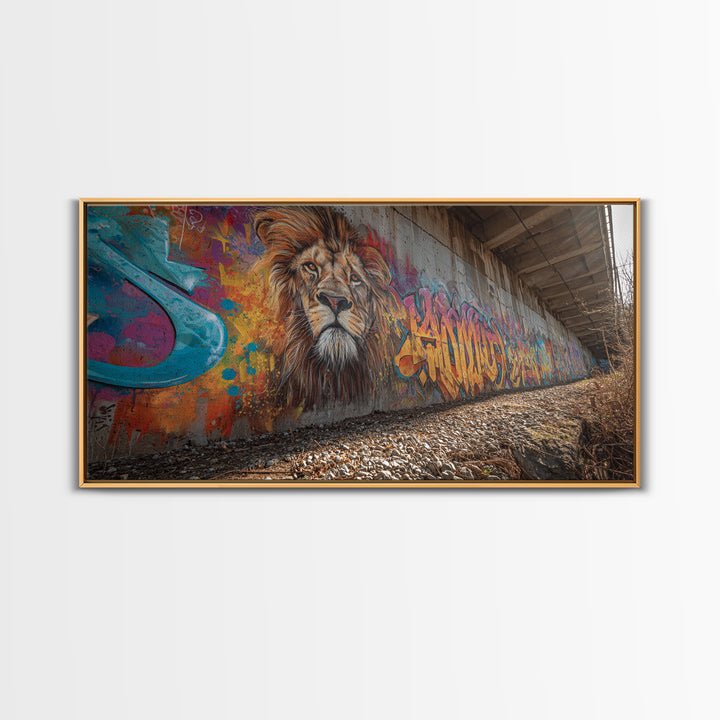 Lion Graffiti Underpass Canvas Print, Urban Street Art Wall Art, Colorful Wildlife Decor, Big Cat Mural Photography Print