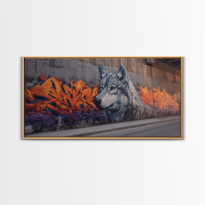 Gray Wolf Graffiti Mural Wall Art, Wildlife Street Canvas Print, Orange Urban Decor, Wolf Lover Gift, Modern Loft Apartment