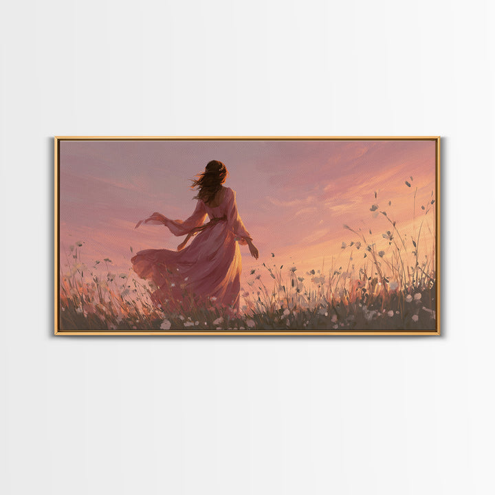 Woman In Pink Dress Sunset Meadow Canvas Print, Romantic Wall Art, Feminine Floral Decor, Dreamy Bedroom Living Room Art Gift For Her