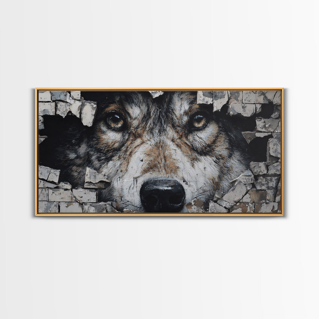 Wolf Dog Peeking Through Brick Wall Art, Rustic Animal Canvas Print, Wildlife Decor, Pet Lover Gift For Cabin Or Office Decor