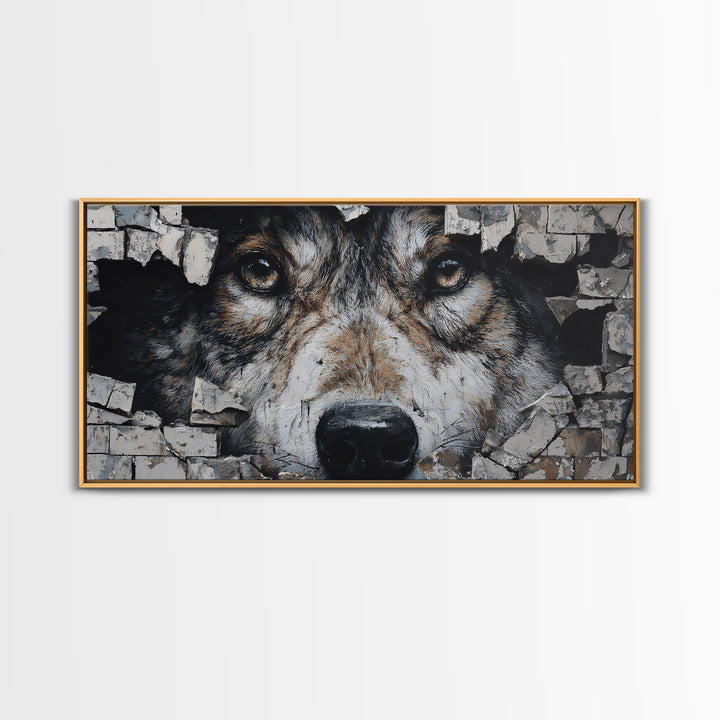 Wolf Dog Peeking Through Brick Wall Art, Rustic Animal Canvas Print, Wildlife Decor, Pet Lover Gift For Cabin Or Office Decor