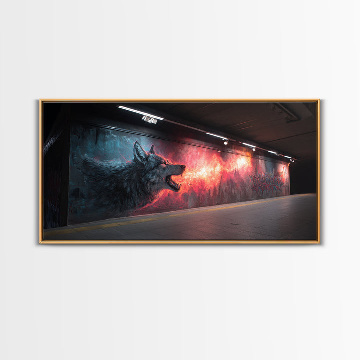 Howling Wolf Graffiti Tunnel Mural Wall Art, Urban Street Art Print, Dark Fantasy Decor, Edgy Man Cave Canvas For Living Room Decor
